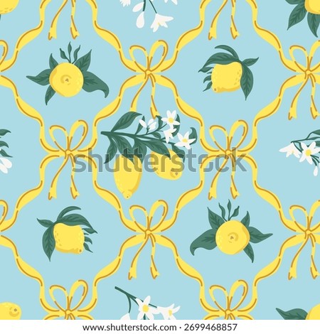 Summer tropical seamless pattern lemons, preppy coquette bow. citrus exotic fruits background