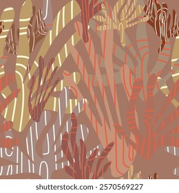 Summer tropical seamless pattern on a brown background. Abstract exotic plants.  