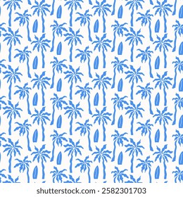 Summer tropical seamless pattern with palm trees and surfboards. Hand drawn minimal art background. Surface cover design. Fabric textile print.