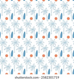 Summer tropical seamless pattern with palm trees, surfboards and suns. Hand drawn minimal art background. Surface cover design. Fabric textile print.