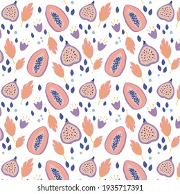 Summer tropical seamless pattern with papaya and figs. Textured fruit endless design for fabric, wrap paper or wallpaper. Exotic fruit pattern in hand-drawn style