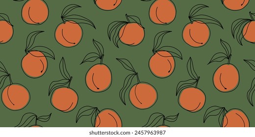 Summer tropical seamless pattern with peach and apricot branch. Modern background with hand drawn fruit. Surface cover design. Fabric textile print.