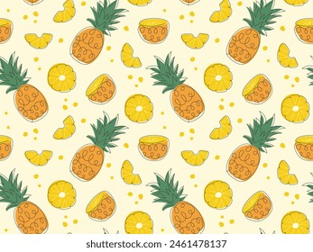 Summer Tropical seamless pattern. Pineapple fruit slice in doodle style. Modern Juicy background. Pattern with ananas for cover, wallpaper, packaging