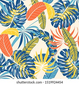 Summer tropical seamless pattern with plants and leaves. Floral seamless vector tropical pattern background with exotic leaves, jungle leaf.  Trendy summer Hawaii print. Vector hand draw background.