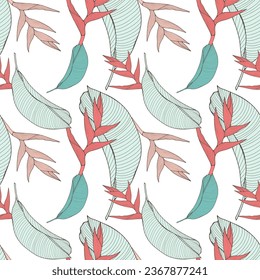 Summer tropical seamless pattern with tropical plants and leaves on a white background. Vector pattern for children's and women's textiles, wrapping paper, wallpaper, covers, backgrounds.