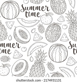 Summer tropical seamless pattern with ripe juicy fruits. Hand drawn vector background. Watermelon, melon and pineapple on a white background