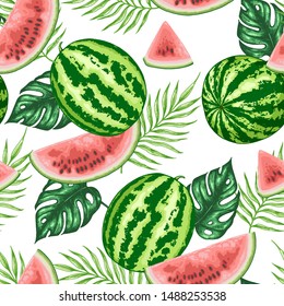 Summer tropical seamless pattern with sweet  juicy watermelon and palm leaves on a white background. Hand drawn vector illustration