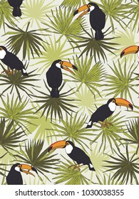 Summer tropical seamless pattern with toucans and palm leaves. For textile and print design. Vector background