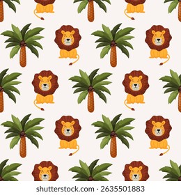 Summer tropical seamless pattern with wild animals and jungle trees. Palm tree and lion ornament for textile, cards, invitations