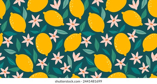 Summer tropical seamless pattern with yellow lemons, leaves and flowers. Citrus fruit background. Modern trendy design for paper, cover, fabric. Vector illustration.