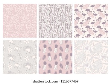 Summer tropical seamless patterns collection. Set of exotic hawaiian plants, palm leaves, flamingo hand drawn doodles. Good for wallpaper, invitation cards, textile print. Vector illustration