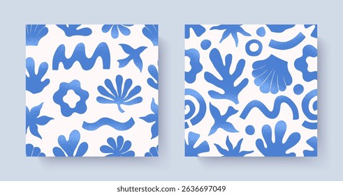Summer tropical seamless patterns with hand drawn nature organic elements:palm,sun,coral,seashell,bird,wave.Trendy backgrounds for banners,smm,branding,textile,covers,prints.Summer vacation aesthetic