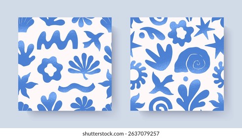 Summer tropical seamless patterns with hand drawn nature organic elements:palm,sun,coral,seashell,bird,wave.Trendy backgrounds for banners,smm,branding,textile,covers,prints.Summer vacation aesthetic