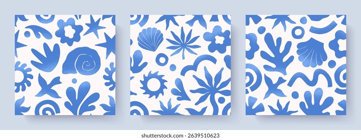 Summer tropical seamless patterns with hand drawn nature organic elements:palm,sun,coral,seashell,bird,wave.Trendy backgrounds for banners,smm,branding,textile,covers,prints.Summer vacation aesthetic