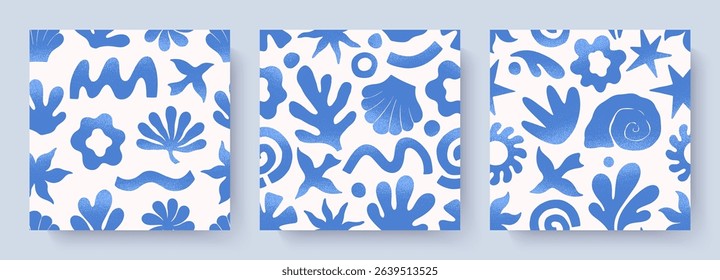 Summer tropical seamless patterns with hand drawn nature organic elements:palm,sun,coral,seashell,bird,wave.Trendy backgrounds for banners,smm,branding,textile,covers,prints.Summer vacation aesthetic