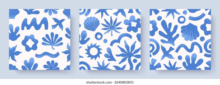 Summer tropical seamless patterns with hand drawn nature organic elements:palm,sun,coral,seashell,bird,wave.Trendy backgrounds for banners,smm,branding,textile,covers,prints.Summer vacation aesthetic