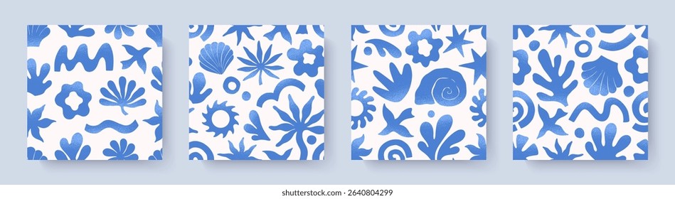 Summer tropical seamless patterns with hand drawn nature organic elements:palm,sun,coral,seashell,bird,wave.Trendy backgrounds for banners,smm,branding,textile,covers,prints.Summer vacation aesthetic