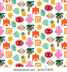Summer tropical seamless retro pattern in ethnic style. Ideal for printing on paper and fabric. Vector.