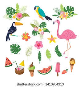 Summer tropical set with exotic flowers, monstera leaves, flamingo, toucan, parrot, ice cream, watermelon, coconut coctail. Hand drawn vector illustration with elements for flyer, invitation design.