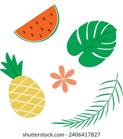 Summer tropical set: monstera leaf, pineapple, flower, palm leaf, watermelon.