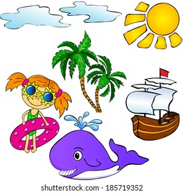 Summer tropical set: palms, ship, whale and girl. Vector illustration