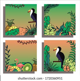 
Summer tropical set of square frames. Tupac, flamingo, watermelon, pineapple, kiwi and green leaves in vector.