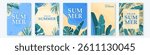 Summer tropical set vector background. Tropic posters with jungle palm leaves, monstera, banana in minimal simple flat modern style. Beach, sun and sea card, banner design. Travel paradise vacation.
