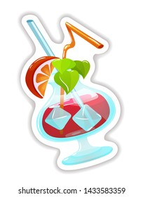 Summer tropical sticker, label, logotype, badge. Icons with Summer cool drink sticker with tubules, mint leaves and ice cubes inside. Summer sticker set for t-shirt print, logo cartoon vector