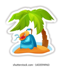 Summer tropical sticker, label, logotype, badge on the topic travel, vacation. Icon with beach with luggage, accessories and palm trees in middle of sea. Summer tropic beach sticker