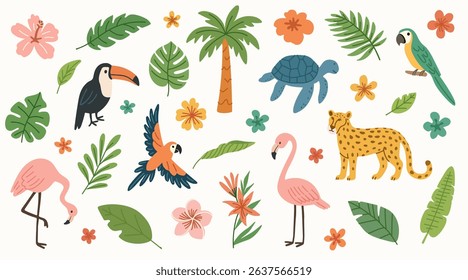 Summer tropical sticker set. Wild animals, leopard, birds, parrot, turtles, tropical leaves and flowers. Flat hand drawn illustration. Summer illustrations on exotic theme.