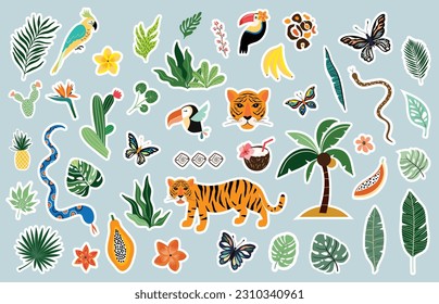 Summer tropical stickers collection, different  exotic elements, vector design