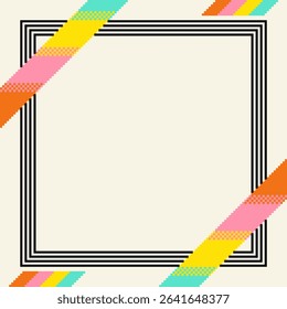 Summer Tropical Style Gradient Ribbon with Black Frame on Pale Yellow Background, Pixel art Style
