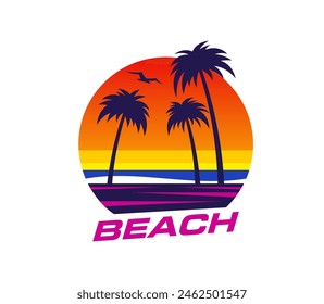 Summer tropical sunrise at island beach vector icon with palm trees, ocean waves, red sky and rising sky. Summer tropical vacation or travel symbol, island resort beach with palms and bird silhouettes