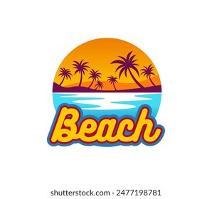 Summer tropical sunrise, palm trees and island beach icon with blue sea waves and tranquil exotic landscape. Isolated vector emblem embodying essence of paradise, travel, tourism, vacation and resort