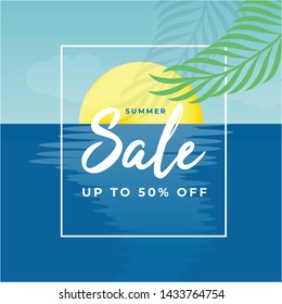 Summer tropical sunset beach. 50% sale banner template design. Big sale special offer. Special offer banner for poster, flyer, brochure, sticker. Sun, Beach, ocean, sea. 50% vector illustration.