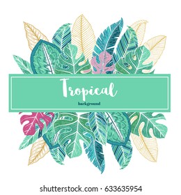 Summer tropical template. Label with palm leaves. Hand drawn vector illustration. Perfect for prints, posters, invitations, packing.