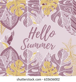 Summer tropical template. Label with palm leaves. Hand drawn vector illustration. Perfect for prints, posters, invitations, packing.
