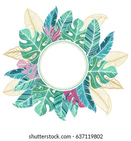 Summer tropical template. Label with palm leaves. Hand drawn vector illustration. Perfect for prints, posters, invitations, packing.