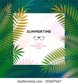 Summer tropical template, tropical paradise background with palm leaves, vector image. 