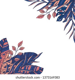 Summer tropical template.Frame with palm leaves. Hand drawn vector illustration. Perfect for prints, posters, invitations, packing.