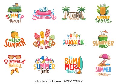 summer tropical text calligraphy bundle with illustration of summer elements, hello summer, summer time, festival, holiday, vibes