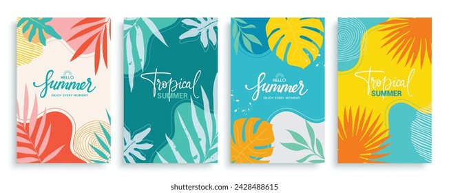 Summer tropical text vector poster set. Summer tropical leaves elements decoration in abstract background for seasonal flyers and tags template. Vector illustration summer tropical poster collection. 