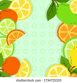 Summer tropical theme background or template with a space for a text, various fruits, green leaves. EPS 10