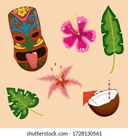 Summer Tropical Tiki Mask Decoration Sticker Pack. Set Of Leaves And Hibiscus Flower And Coconut Drink. Flat Style Vector.