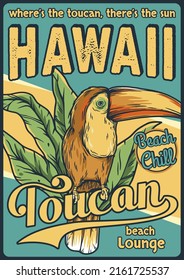Summer tropical toucan hawaii poster. Beach chill lounge or bar. Surfing surf paradise