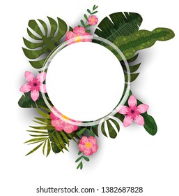 Summer tropical trendy background template of exotic plants and hibiscus flowers. Trend pattern jungle. Vector, illustration, isolated, poster, banner, flyer, invitation