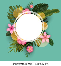 Summer tropical trendy background template of exotic plants and hibiscus flowers. Trend pattern jungle. Vector, illustration, isolated, poster, banner, flyer, invitation