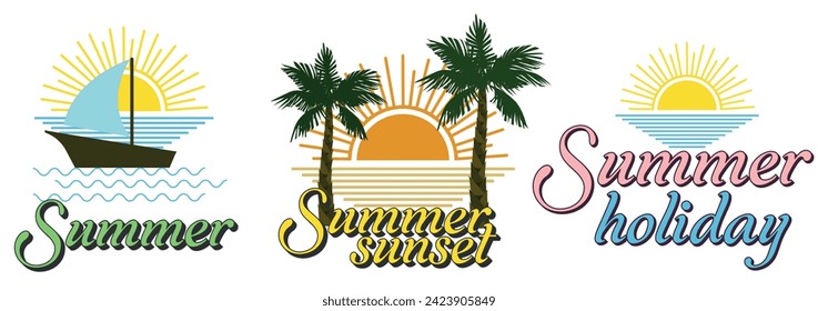 Summer tropical t-shirt design with palm trees and sun. Summer beach college style slogan print. Tee shirt and apparel print design. Modern line t shirt illustration with font print