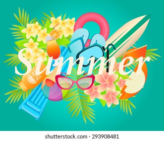 Summer tropical vacation. Beach accessories. Vector illustration

