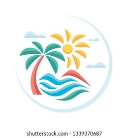 Summer tropical vacation - concept advertising promotion banner in flat style. Travel creative poster vector illustration in circle shape. Abstract background graphic design. 